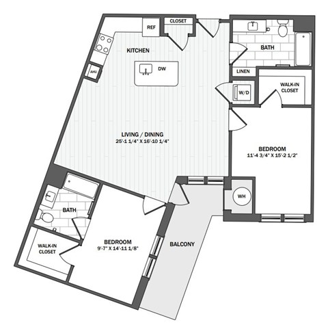 Floor plan for 2 beds, 2 baths, 1167 sqft